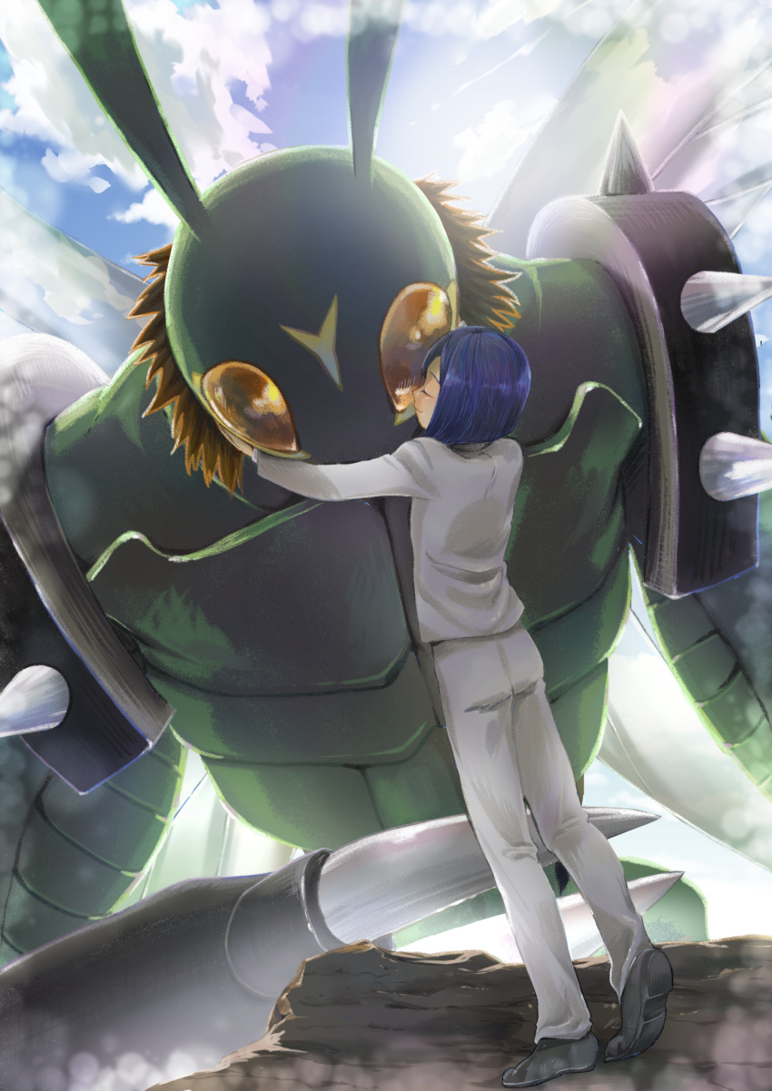 animal_humanoid anthro arthropod arthropod_humanoid bandai_namco clothing digimon digimon_(species) duo embrace green_body grey_clothing hair hi_res hug human humanoid insect insect_humanoid k18a7an ken_ichijouji male mammal purple_hair red_eyes size_difference stingmon