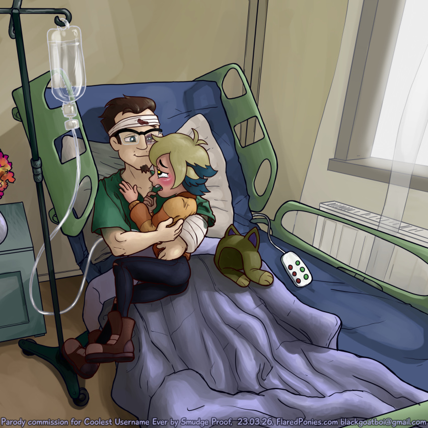 ambiguous_gender bodily_fluids cast duo embrace hi_res hospital hug human humanoid intravenous_drip jacob_hopkins_(the_owl_house) mammal mythological_basilisk mythology not_furry smudge_proof tears vee_(the_owl_house) wounded