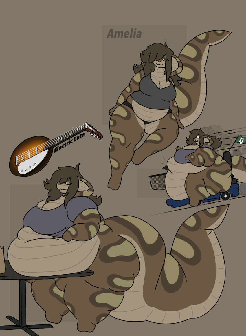 amelia_(mexifurfoof) anthro belly big_belly big_breasts biped breasts brown_body brown_hair butt chubby_female clothed clothing cobra curvy_figure digital_drawing_(artwork) digital_media_(artwork) female hair hi_res looking_at_viewer lute mammal mexifurfoof mobility_scooter morbidly_obese musical_instrument navel non-mammal_breasts obese obese_anthro obese_female overweight overweight_anthro overweight_female plucked_string_instrument reptile scales scalie simple_background smile snake snake_hood solo string_instrument tail text thick_thighs voluptuous wide_hips yellow_eyes