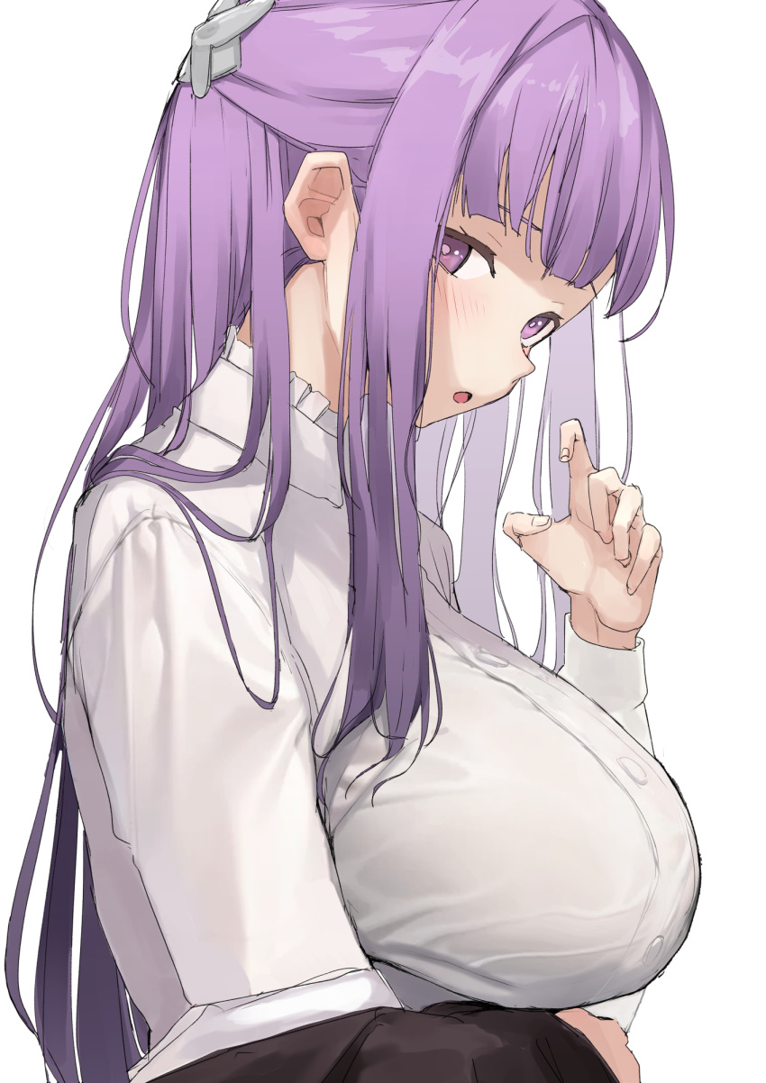 1girl blunt_bangs blush breasts coat dress fern_(sousou_no_frieren) highres large_breasts long_hair long_sleeves looking_at_viewer mitsuru_(pixiv_34028718) purple_eyes purple_hair sidelocks simple_background solo sousou_no_frieren straight_hair white_background white_dress