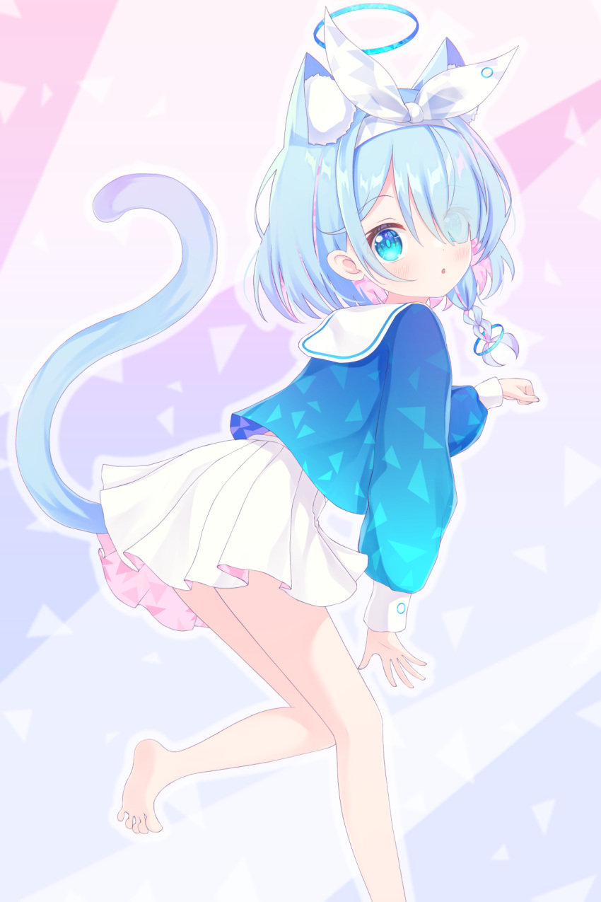 1girl animal_ear_fluff animal_ears arona_(blue_archive) bare_legs barefoot blue_archive blue_eyes blue_hair blue_halo blue_pupils blue_shirt blush braid cat_ears cat_tail colored_inner_hair commentary extra_ears foot_out_of_frame from_side hair_over_one_eye hair_ribbon hairband halo highres kemonomimi_mode light_blue_hair long_sleeves looking_at_viewer miniskirt multicolored_hair parted_lips paw_pose pink_hair pleated_skirt puffy_long_sleeves puffy_sleeves ribbon sailor_collar sailor_shirt shirt short_hair side_braid single_braid skirt soles solo standing standing_on_one_leg tail toes two-tone_hair white_hairband white_ribbon white_sailor_collar white_skirt yottacc