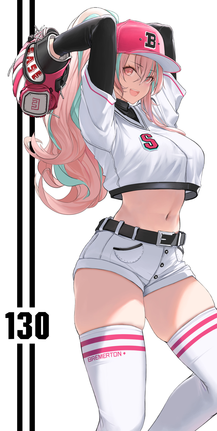 1girl :d absurdres alternate_costume azur_lane baseball_cap baseball_mitt baseball_uniform belt black_belt black_stripes breasts bremerton_(azur_lane) cosplay crop_top crop_top_overhang cropped_shirt dishwasher1910 green_hair hair_between_eyes hat highres intrepid_(azur_lane) intrepid_(azur_lane)_(cosplay) large_breasts long_sleeves midriff multicolored_hair navel open_mouth pink_eyes pink_hair short_shorts shorts skindentation smile solo sportswear thighhighs thighs two-tone_hair white_background white_shorts white_thighhighs