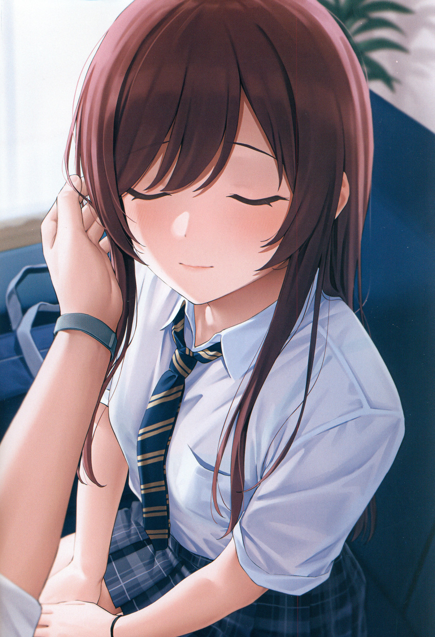 1boy 1girl absurdres bag bare_legs blue_necktie blush caress closed_eyes closed_mouth couch diagonal-striped_necktie diagonal_stripes grey_skirt hand_on_another's_cheek hand_on_another's_face highres idolmaster idolmaster_shiny_colors imminent_kiss indoors long_hair mikazuchi_zeus necktie non-web_source on_couch osaki_amana own_hands_together plaid plaid_skirt pleated_skirt pov pov_hands producer_(idolmaster) red_hair scan school_bag school_uniform shirt short_sleeves sitting skirt smile solo_focus straight_hair striped striped_necktie swept_bangs very_long_hair watch white_shirt wristwatch