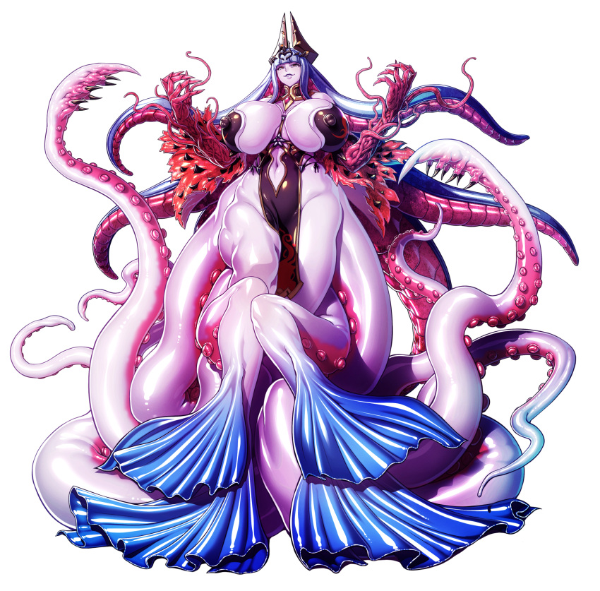 animal_humanoid armwear big_breasts blue_fin blush breasts butt cephalopod cephalopod_humanoid clothing detached_sleeves digital_media_(artwork) eden's_ritter_grenze hair hi_res horizontal_pupils huge_breasts humanoid hydra_(eden's_ritter_grenze) marine marine_humanoid mollusk mollusk_humanoid navel neromashin nipple_outline pseudo_hair pupils red_hands tentacle_hair tentacles white_hair white_tentacles yellow_eyes