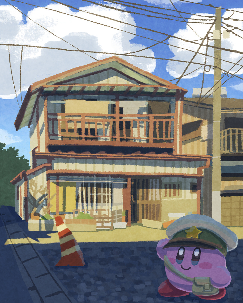 balcony blue_eyes blush_stickers brown_bag bush closed_mouth cloud commentary day highres house kirby kirby_(series) mailman miclot no_humans outdoors pink_footwear plant potted_plant power_lines rural scenery shoes smile traffic_cone utility_pole white_headwear