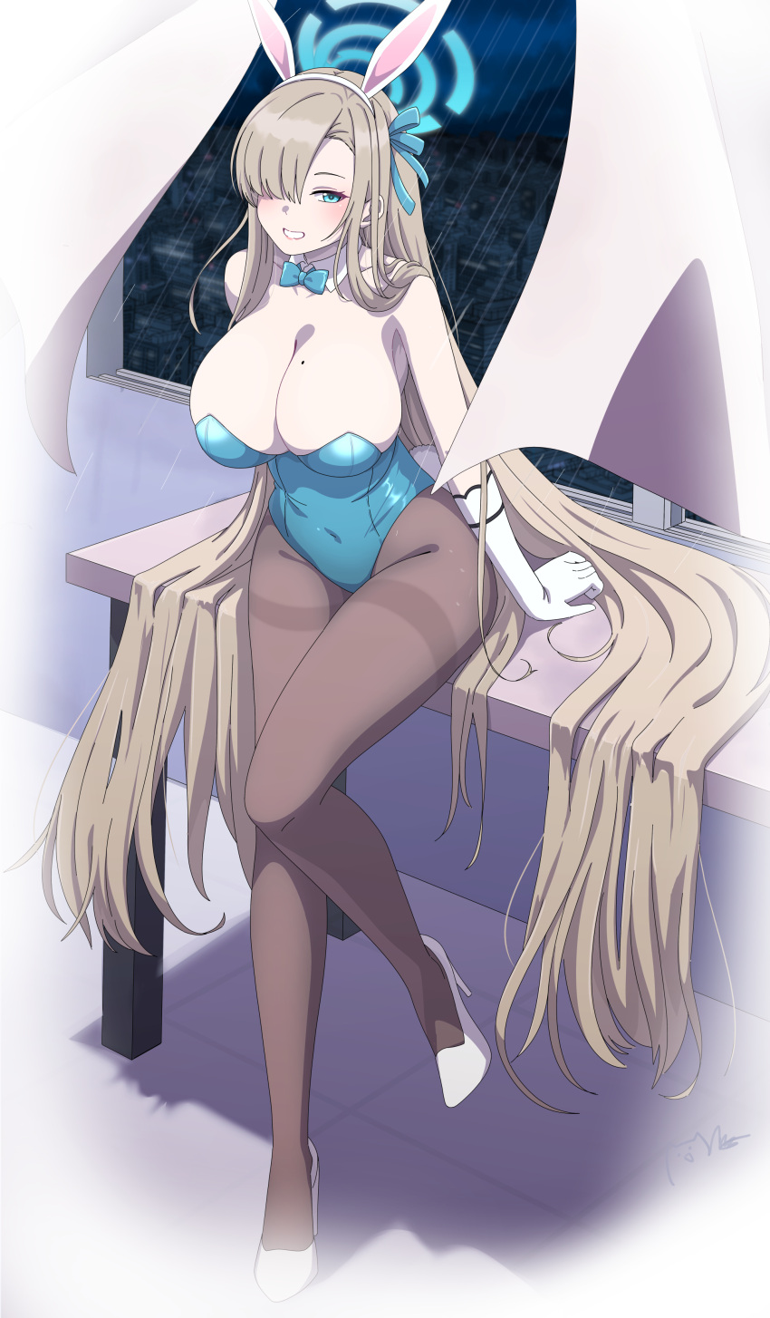 1girl :d absurdly_long_hair absurdres animal_ears asuna_(blue_archive) asuna_(bunny)_(blue_archive) bare_shoulders black_pantyhose blue_archive blue_bow blue_bowtie blue_eyes blue_leotard bow bowtie breasts cleavage collarbone commentary_request curtains detached_collar elbow_gloves fake_animal_ears gloves grey_hair hair_bow hair_over_one_eye hair_ribbon hairband halo high_heels highleg highleg_leotard highres indoors large_breasts leotard long_bangs long_hair looking_at_viewer majinmallow mole mole_on_breast official_alternate_costume pantyhose playboy_bunny rabbit_ears rain ribbon sidelocks sitting sitting_on_table sleeveless smile solo strapless strapless_leotard very_long_hair white_footwear white_gloves wind window