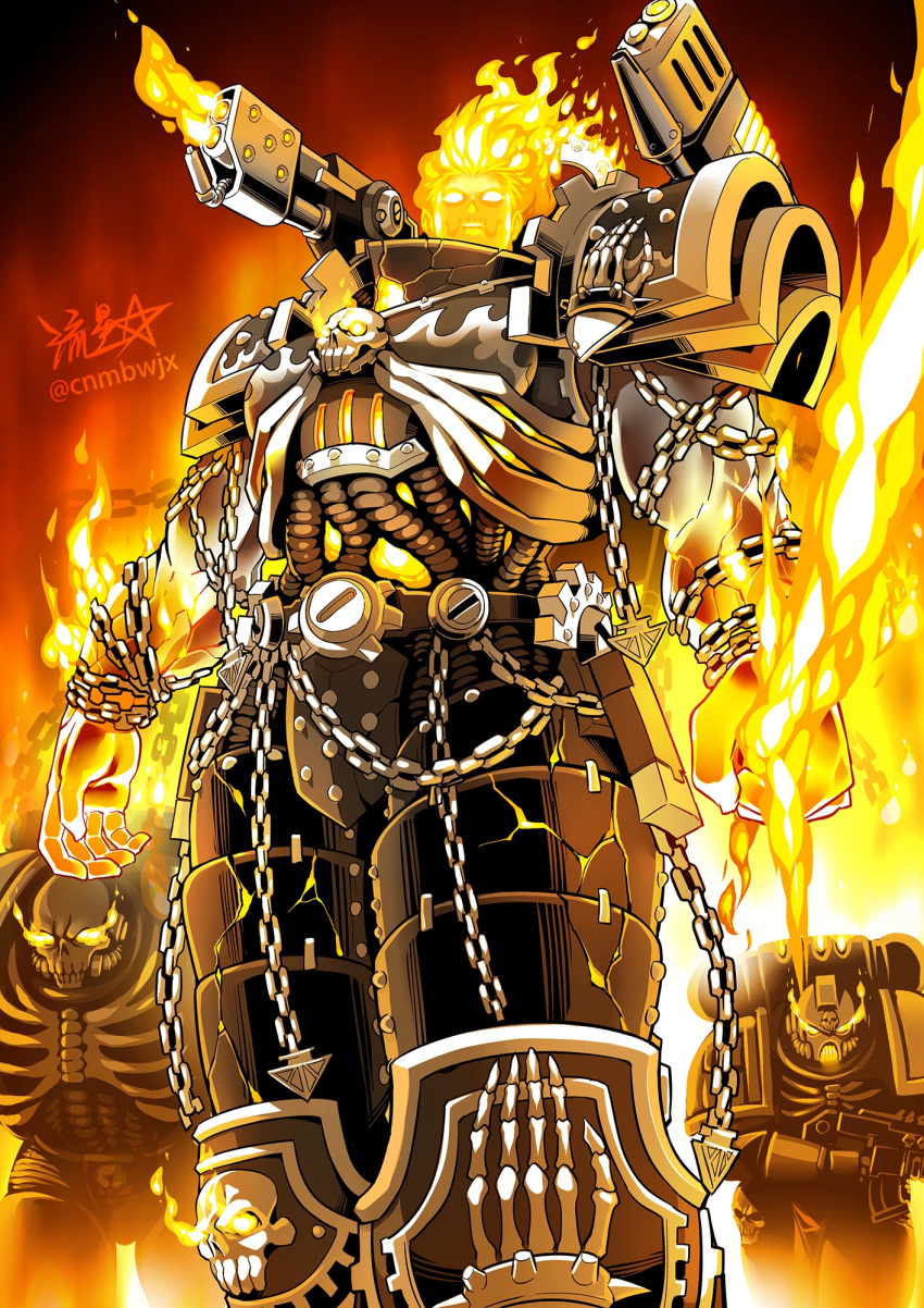 1girl adeptus_astartes armor black_armor breastplate breasts chain ferrus_manus fiery_hair fire flamethrower flaming_eye flaming_eyes flaming_weapon genderswap genderswap_(mtf) greaves gun highres holding holding_weapon iron_hands_(warhammer) legion_of_the_damned muscular muscular_female pauldrons power_armor primarch ribs ryuusei_(mark_ii) short_hair shoulder_armor signature skull teeth warhammer_40k weapon