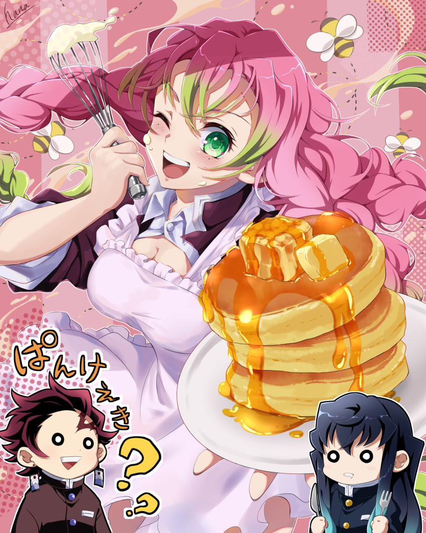 1girl 2boys apron aqua_hair bee black_hair blush braid breasts bug chibi cleavage demon_slayer_uniform dress food fork gradient_hair green_eyes green_hair hana_ni_nare highres holding holding_fork holding_knife holding_plate japanese_clothes jewelry kamado_tanjirou kanroji_mitsuri kimetsu_no_yaiba knife large_breasts long_hair long_sleeves looking_at_viewer mole mole_under_eye multicolored_hair multiple_boys o_o one_eye_closed open_mouth pancake pink_hair plate scar scar_on_face scar_on_forehead shirt short_hair smile teeth tokitou_muichirou tongue upper_teeth_only