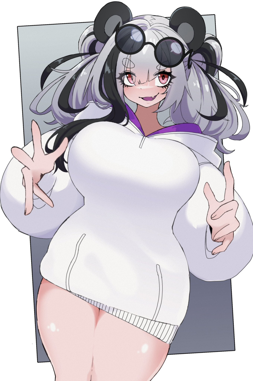 1girl animal_ears arknights bare_hips bare_legs black_hair dr_yamero eyewear_on_head fat feater_(arknights) grey_hair highres panda_ears red_eyes sweater white_sweater