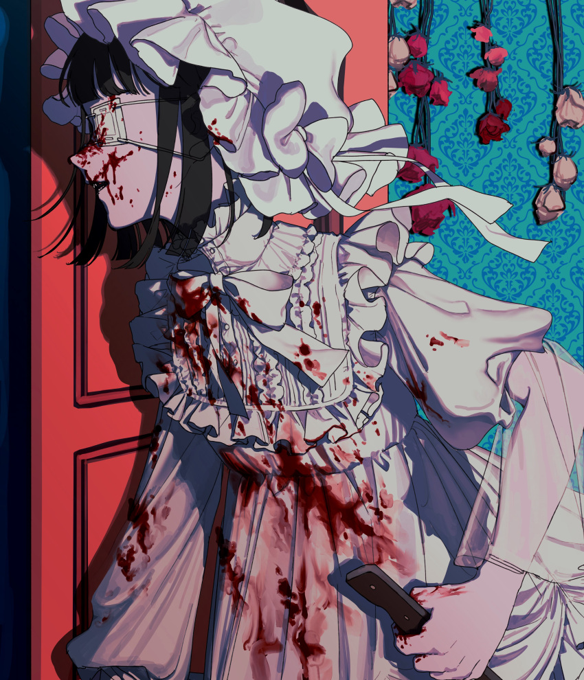 1girl absurdres black_hair blood blood_on_clothes blood_on_face blood_on_hands door dress eyepatch from_side hair_between_eyes highres holding holding_knife indoors knife numata_zombie open_mouth original puffy_sleeves short_sleeves sidelocks solo wall white_dress white_headwear