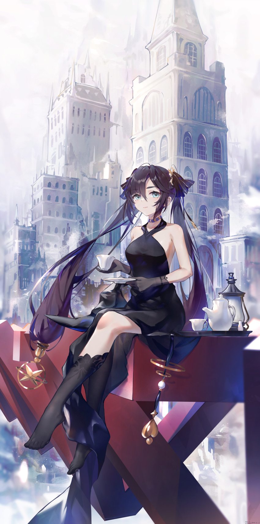 1girl absurdres aqua_eyes armpit_crease asymmetrical_legwear bare_shoulders black_dress black_gloves black_hair black_headwear black_ribbon black_socks blunt_bangs breasts castle choker closed_mouth cloud cloudy_sky collarbone commentary_request cup day dress european_architecture feet full_body genshin_impact gloves hair_ornament hair_ribbon hat heart heart_hair_ornament highres holding holding_cup holding_saucer kneehighs lantern long_hair looking_at_viewer medium_breasts mona_(genshin_impact) outdoors pantyhose parted_bangs ribbon saucer see-through see-through_gloves see-through_legwear sideboob sidelocks single_kneehigh single_leg_pantyhose single_sock sitting sky sleeveless sleeveless_dress socks solo star_(symbol) star_hair_ornament swept_bangs swkl:d teacup teapot toes tower tray twintails very_long_hair window witch_hat