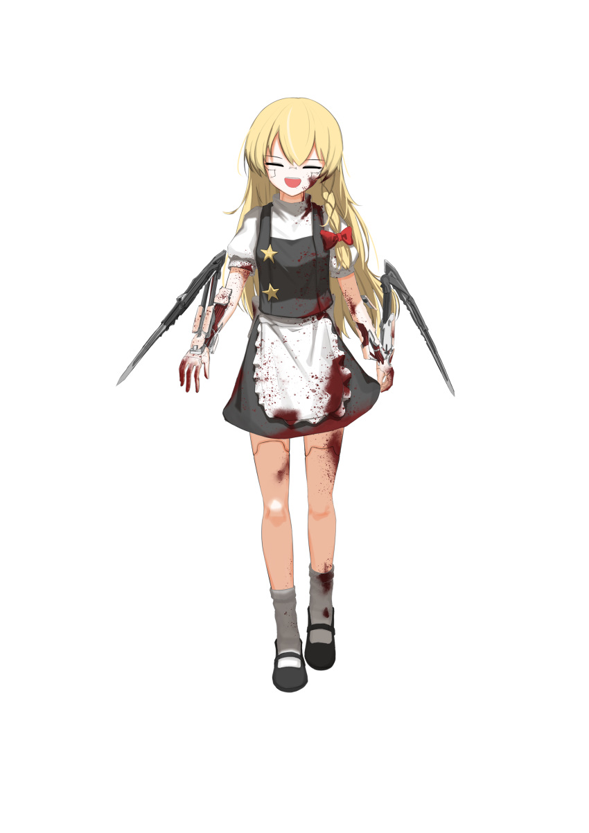 1girl :d absurdres apron arm_blade black_footwear black_skirt black_vest blonde_hair blood blood_on_arm blood_on_clothes blood_on_face blood_on_leg blood_splatter bow braid breasts closed_eyes commentary_request cookie_(touhou) cyberpunk_(series) full_body hair_bow highres joints kirisame_marisa long_hair mantis_blades_(cyberpunk) mary_janes medium_bangs no_headwear open_mouth prosthesis prosthetic_arm puffy_short_sleeves puffy_sleeves robot_joints round_teeth shirt shoes short_sleeves simple_background single_braid skirt skirt_set small_breasts smile socks solo standing suzu_(cookie) teeth touhou transparent_background traveler_hxy upper_teeth_only vest waist_apron weapon white_apron white_shirt white_socks