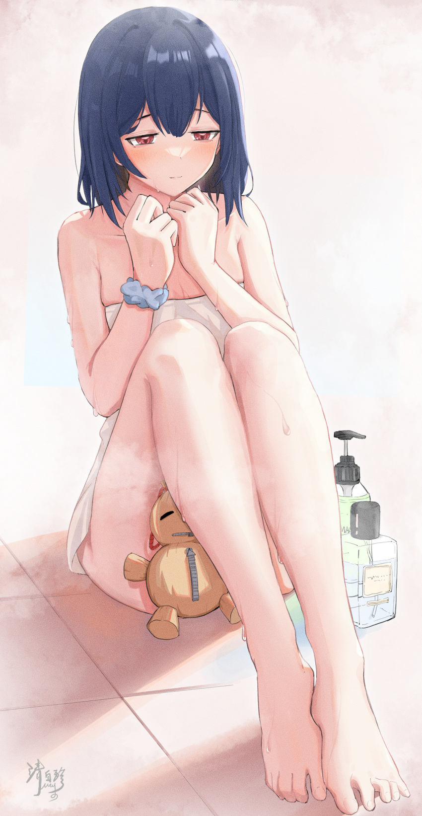 1girl absurdres blue_hair blush bottle clenched_hands convenient_censoring dark_blue_hair flat_chest highres idolmaster idolmaster_shiny_colors knees_up light_smile looking_at_viewer m_xy morino_rinze naked_towel red_eyes scrunchie signature sitting solo steam tile_floor tiles toes towel water_drop white_towel wrist_scrunchie