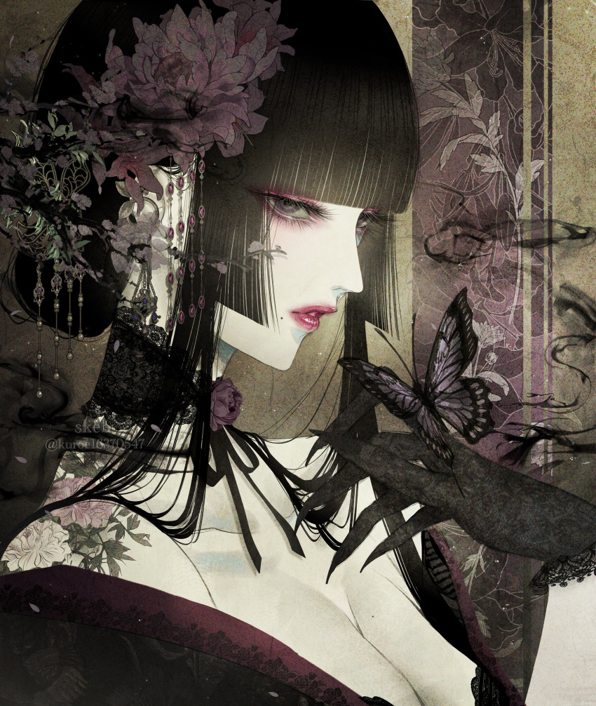 absurdres black_gloves black_hair bug butterfly choker fingernails flower flower_tattoo gloves highres hime_cut lace long_eyelashes original pale_skin red_lips satsuki_kei tattoo