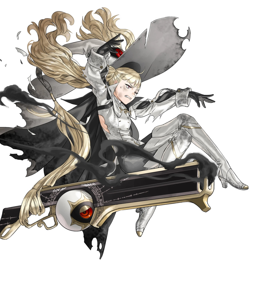 1girl artificial_eye blonde_hair boots brown_eyes burnt_clothes buttons cape clenched_teeth dress eitri_(fire_emblem) fire_emblem fire_emblem_heroes flat_chest floating floating_object full_body gloves gold_trim hat high_heels highres kozaki_yuusuke long_hair mechanical_eye non-web_source official_art one_eye_closed pantyhose parted_lips short_dress smoke teeth thigh_boots torn_clothes transparent_background very_long_hair weapon white_dress witch_hat