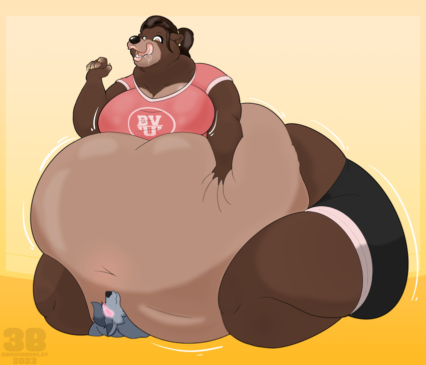 absurd_res ambiguous_gender anthro bear beatrice_(bigburrbailey) big_breasts big_butt bigburrbailey blush bodily_fluids bottomwear breasts brown_bear brown_body brown_fur brown_hair butt canid canine clothing colored_nails devour_university drooling duo dvu ear_piercing female female/ambiguous flustered fur grizzly_bear hair hi_res huge_belly huge_butt larger_female licking licking_lips lips male male/female mammal nails navel overweight pear-shaped_figure piercing pink_lips pink_tongue ponytail saliva shirt shorts size_difference slim smaller_male smothering t-shirt tongue tongue_out topwear ursine wide_hips