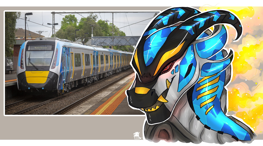 blue_markings dragon electric_locomotive fangs feral frostedmonster gold_(metal) gold_tooth hi_res high_capacity_metro_train horn how_to_dragon_your_train hybrid living_machine living_train living_vehicle locomorph locomotive machine male markings metro_trains_melbourne red_eyes solo teeth train vehicle