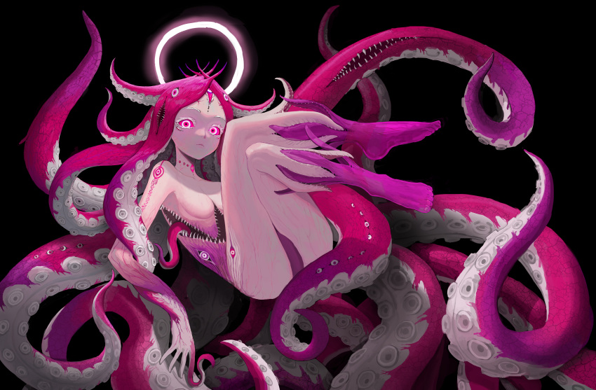 1girl absurdres black_background breasts cthulhu cthulhu_mythos eldritch_abomination extra_eyes extra_teeth eyelashes full_body glowing glowing_eyes haejooncho halo highres humanization long_hair looking_at_viewer monster_girl original pink_eyes ringed_eyes simple_background small_breasts solo staring suction_cups tagme tentacle_hair veins veiny_arms veiny_thighs very_long_hair