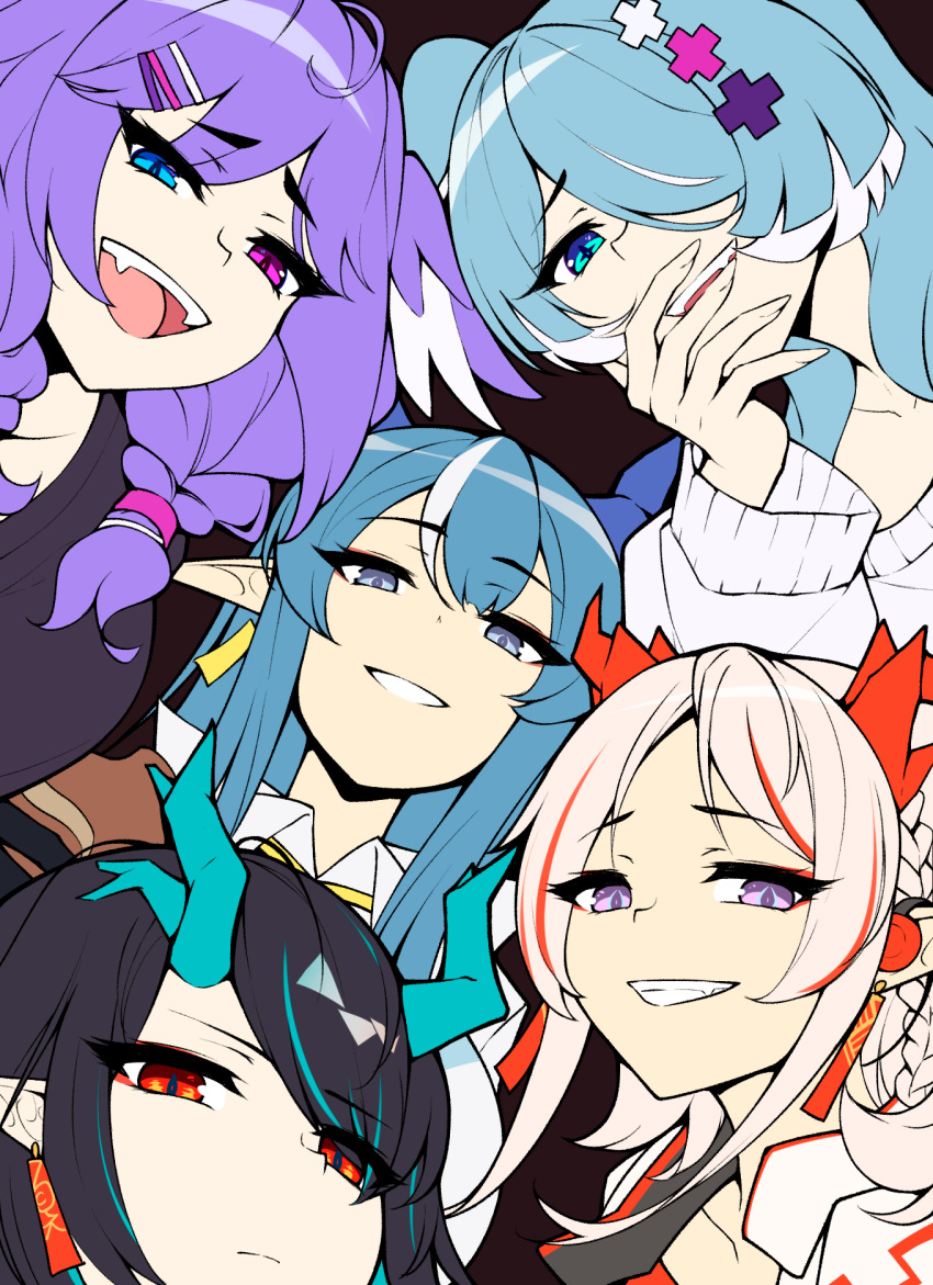 5girls :d arknights black_hair blue_eyes braid commentary crossover crown_braid dragon_girl dragon_horns dusk_(arknights) earrings elira_pendora english_commentary eyes_visible_through_hair fangs grin hair_ornament hair_over_one_eye hairclip head_wings heterochromia highres horns jewelry ling_(arknights) long_hair long_pointy_ears looking_at_viewer multicolored_hair multiple_girls nian_(arknights) nijisanji nijisanji_en open_mouth pointy_ears purple_eyes purple_hair red_eyes red_hair ricegnat selen_tatsuki siblings sisters smile streaked_hair tassel tassel_earrings textless_version trait_connection two-tone_hair virtual_youtuber white_hair wings