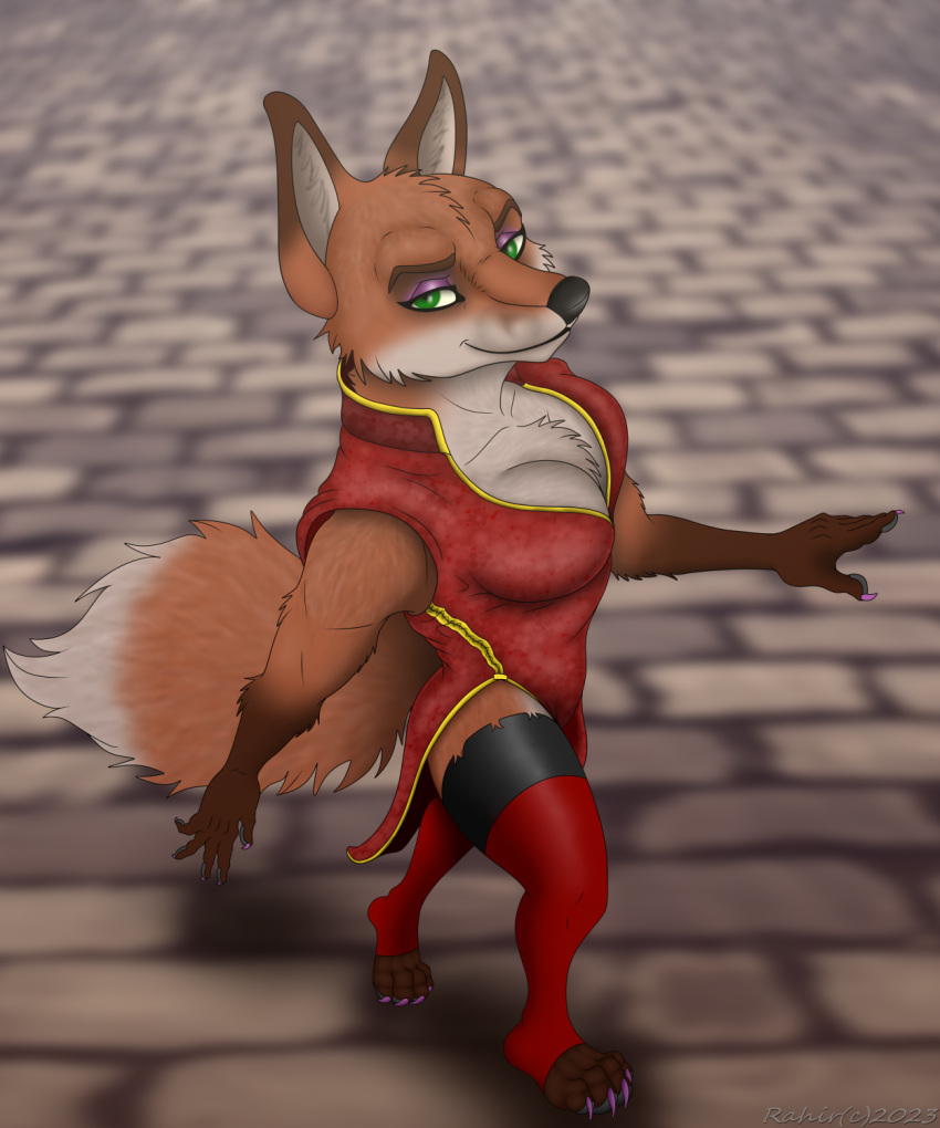 5:6 anthro breasts canid canine cleavage clothed clothing digital_media_(artwork) dress female fox furry hi_res legwear mammal pose smile smirk solo stockings thigh_highs walking