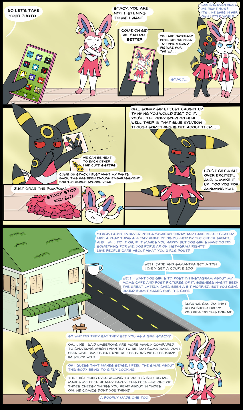 2022 35:59 8_panel_comic abby_(matachu) absurd_res black_body cheerleader cheerleader_outfit clothing comic dialogue digital_drawing_(artwork) digital_media_(artwork) dress duo eeveelution english_text female flat_colors generation_1_pokemon generation_2_pokemon generation_6_pokemon hi_res inside jolteon male matachu nintendo outside pink_body pink_clothing pink_dress pokemon pokemon_(species) sid_(matachu) sitting stacy_(matachu) standing sylveon tail text umbreon white_body