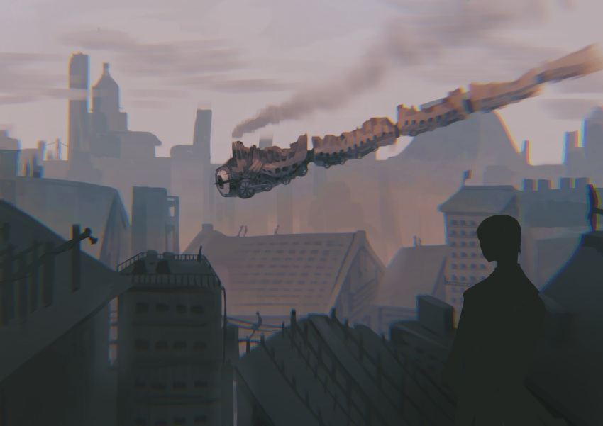 1other balcony chimney cityscape cloud cloudy_sky express_train_to_hell facing_away fkrnnmr highres lobotomy_corporation project_moon railing rooftop scenery sky smoke train