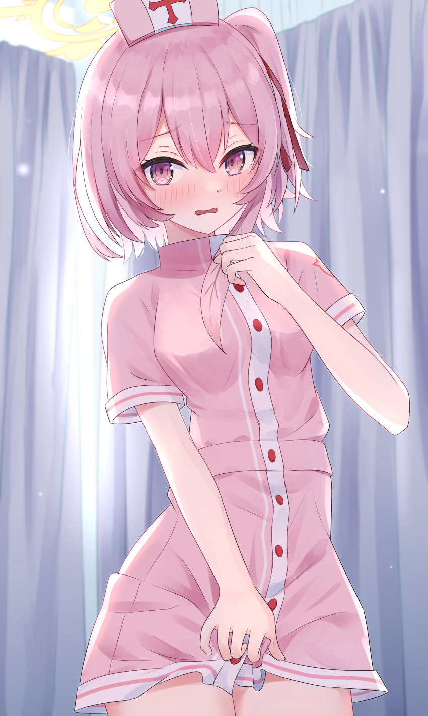 1girl absurdres alternate_costume blue_archive blush breasts covering covering_crotch cpk_prd curtains hair_between_eyes halo hat highres looking_at_viewer medium_hair nurse nurse_cap open_mouth pink_eyes pink_hair serina_(blue_archive) small_breasts solo