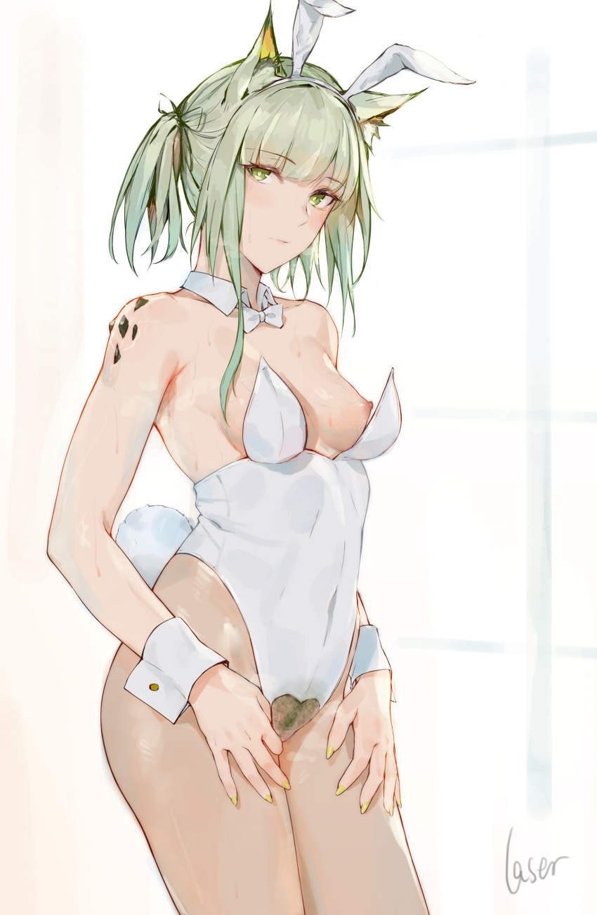 1girl absurdres animal_ears arknights artist_name bare_shoulders bow bowtie breasts closed_mouth detached_collar fake_animal_ears fake_tail female_pubic_hair green_eyes green_hair green_pubic_hair green_ribbon hair_ribbon highres kal'tsit_(arknights) laserflip leotard looking_at_viewer medium_breasts nail_polish oripathy_lesion_(arknights) playboy_bunny pubic_hair rabbit_ears rabbit_tail ribbon solo sweat tail white_bow white_bowtie white_leotard yellow_nails