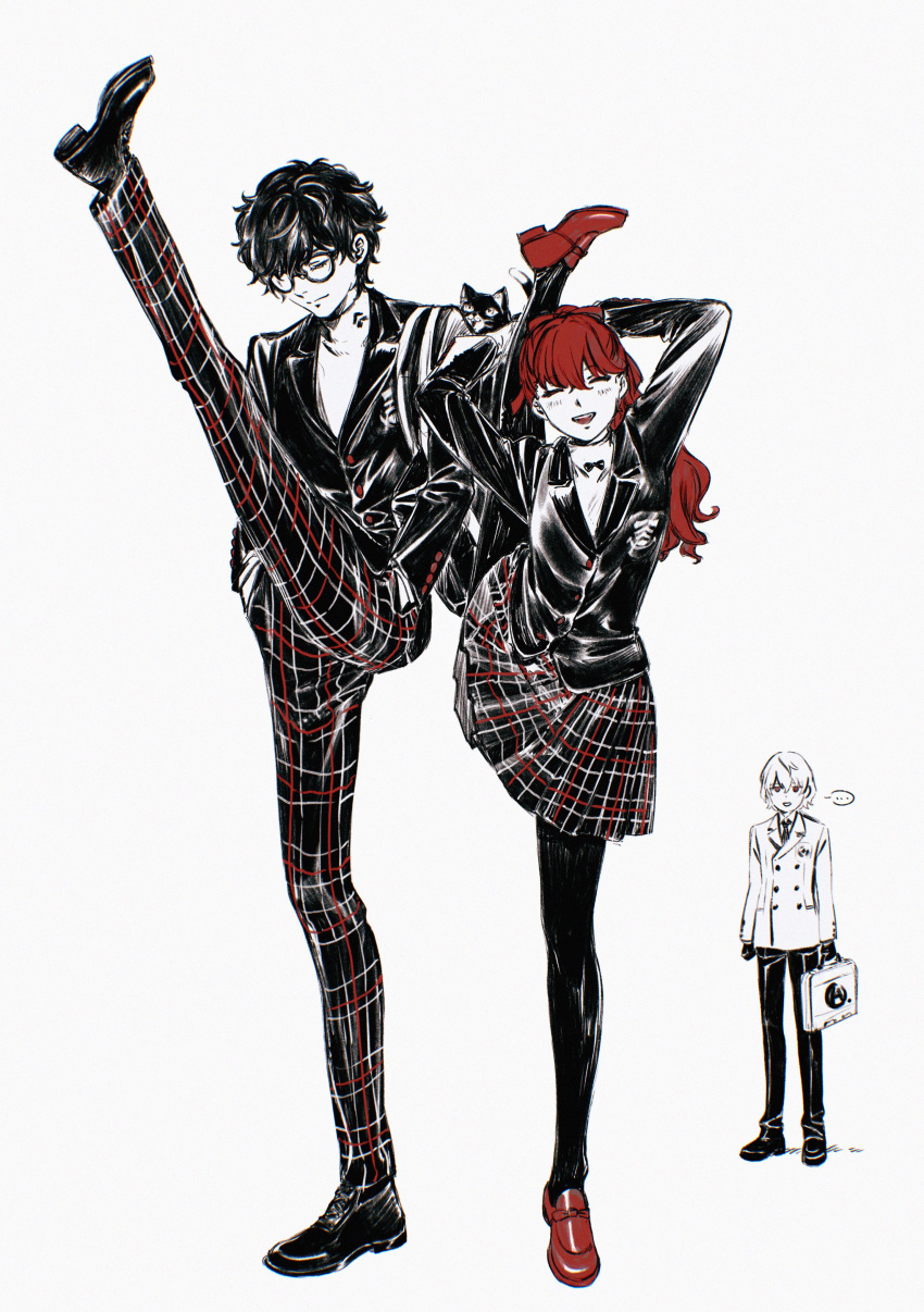 ... 1girl 2boys absurdres akechi_gorou amamiya_ren black_footwear black_hair blush briefcase cat closed_eyes closed_mouth flexible glasses grey_background hair_between_eyes hands_in_pockets highres holding jacket leg_lift leg_up long_hair long_sleeves morgana_(persona_5) multiple_boys opaque_glasses open_mouth pants pantyhose partially_opaque_glasses persona persona_5 persona_5_the_royal plaid plaid_pants plaid_skirt red_eyes red_footwear red_hair school_uniform shoes shuujin_academy_school_uniform simple_background skirt split spoken_ellipsis standing standing_on_one_leg standing_split to25tom yoshizawa_kasumi