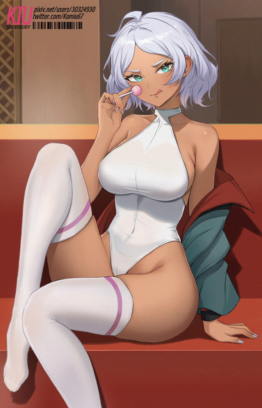 1girl :q absurdres aqua_eyes bare_shoulders breasts candy closed_mouth collarbone covered_navel dark-skinned_female dark_skin food foot_out_of_frame grey_hair gundam gundam_suisei_no_majo highleg highres holding holding_candy holding_food holding_lollipop jacket kiu6 large_breasts leotard lollipop long_sleeves looking_at_viewer off_shoulder open_clothes open_jacket secelia_dote short_hair sitting smile solo thighhighs thighs tongue tongue_out white_leotard white_thighhighs