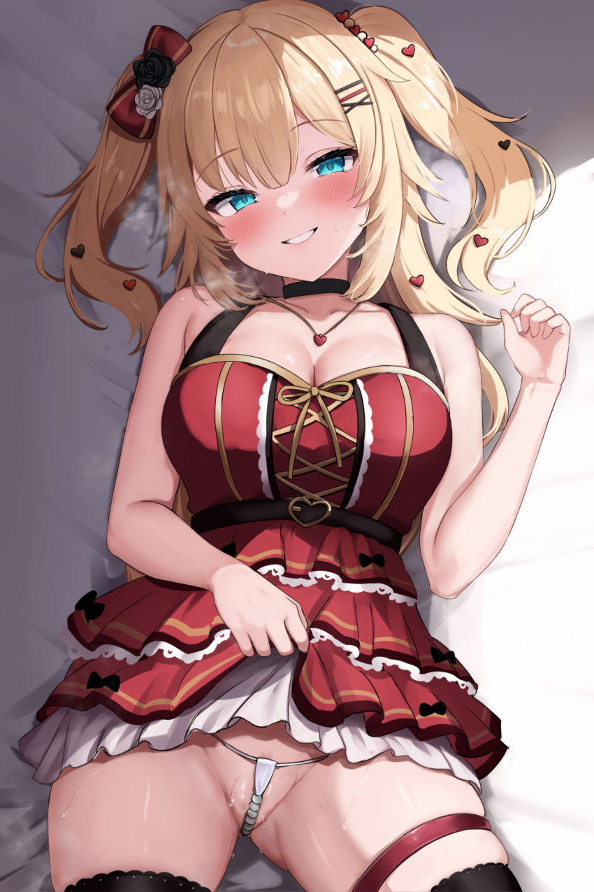 1girl akai_haato bed_sheet black_choker black_thighhighs blonde_hair blue_eyes blush bow breasts choker dress hair_bow highres hololive large_breasts long_hair looking_at_viewer lying mochitsuki_karen on_back on_bed pussy red_bow red_dress sleeveless solo teeth thigh_strap thighhighs twintails virtual_youtuber