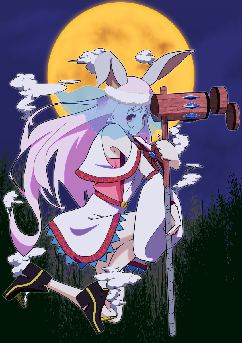 1girl absurdres animal_ears armpit_peek boots clothing_cutout detached_sleeves dress ebata_kyouhei forest full_moon highres long_hair mallet moon moon_rabbit nature night night_sky original pink_hair rabbit_ears red_eyes short_dress shoulder_cutout sky smile smoke solo tree very_long_hair