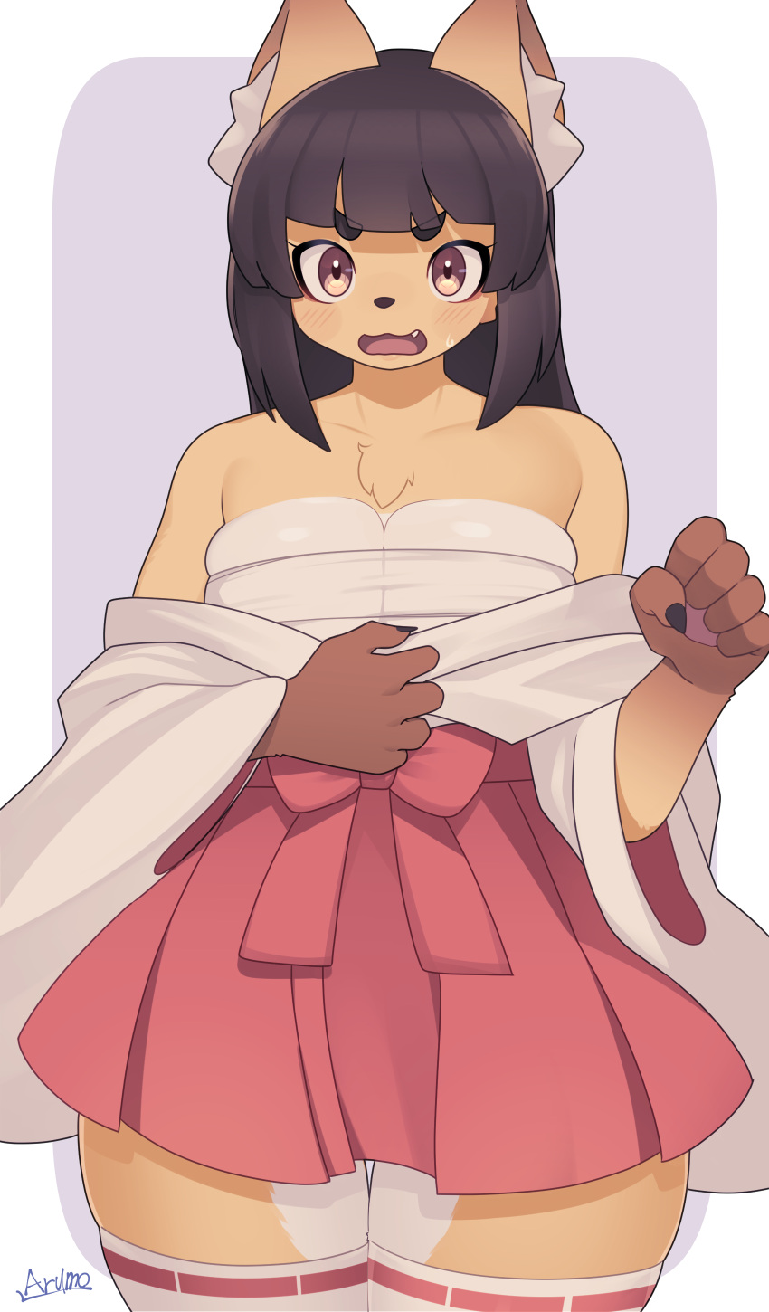 absurd_res anthro arumo asian_clothing big_breasts black_hair breasts brown_eyes canid canine chest_wraps cleavage clothed clothing collarbone east_asian_clothing female fox hair hi_res japanese_clothing komena_akamori legwear long_hair mammal miko_outfit solo thigh_highs white_clothing white_legwear white_thigh_highs wraps