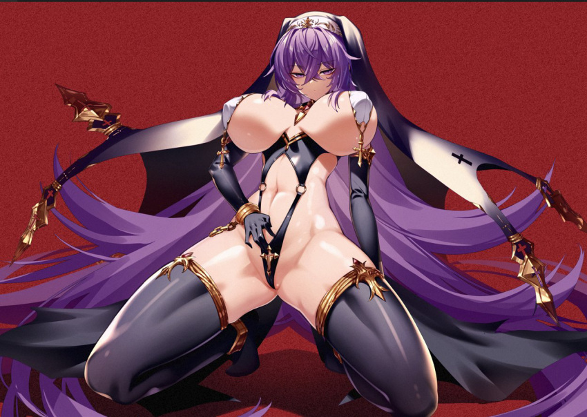 1girl black_gloves black_hair breast_curtains breasts cluseller covered_nipples elbow_gloves gloves kneeling large_breasts long_hair looking_at_viewer navel original purple_eyes purple_hair revealing_clothes solo veil very_long_hair