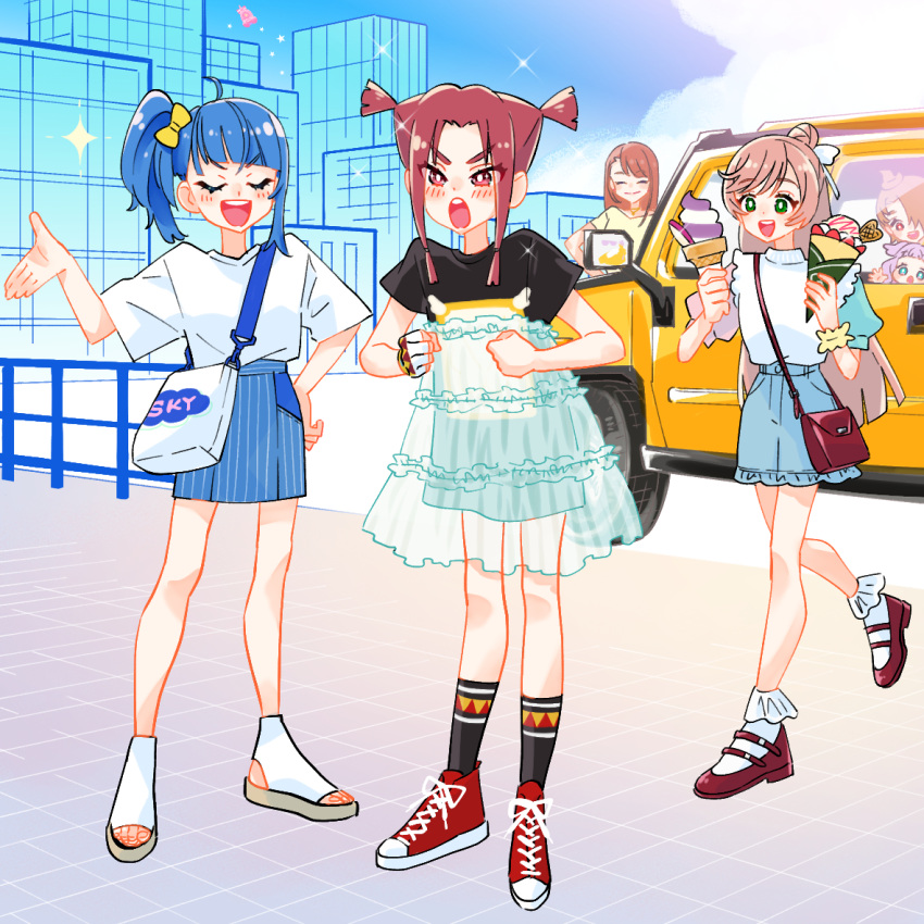 5girls :d asymmetrical_bangs bag beryberie black_shirt black_socks blue_hair blue_skirt blue_sky blush bobby_socks bow brown_eyes brown_hair building carrying casual clenched_hands closed_eyes cloud cloudy_sky commentary cross-laced_footwear cut_bangs day denim denim_skirt ellee-chan english_text food frilled_skirt frills frown gesture gloves green_eyes hair_bow hair_bun hair_ribbon hand_on_own_hip handbag high-waist_skirt hijiri_ageha hirogaru_sky!_precure holding holding_food hummer_h3 ice_cream_cone jewelry long_hair mary_janes medium_hair medium_skirt miniskirt monster_rally multiple_girls necklace nijigaoka_mashiro open_mouth orange_hair outdoors parfait pink_hair precure print_shirt print_socks red_eyes red_footwear ribbon sandals see-through see-through_skirt shirt shoes short_hair short_sleeves short_twintails side_ponytail sidelocks single_glove single_sidelock skirt sky smile sneakers socks sora_harewataru sparkle standing star_twinkle_precure striped striped_skirt swept_bangs t-shirt twintails vertical-striped_skirt vertical_stripes walking white_bow white_footwear white_gloves white_shirt white_socks yellow_ribbon yellow_shirt yuunagi_tsubasa