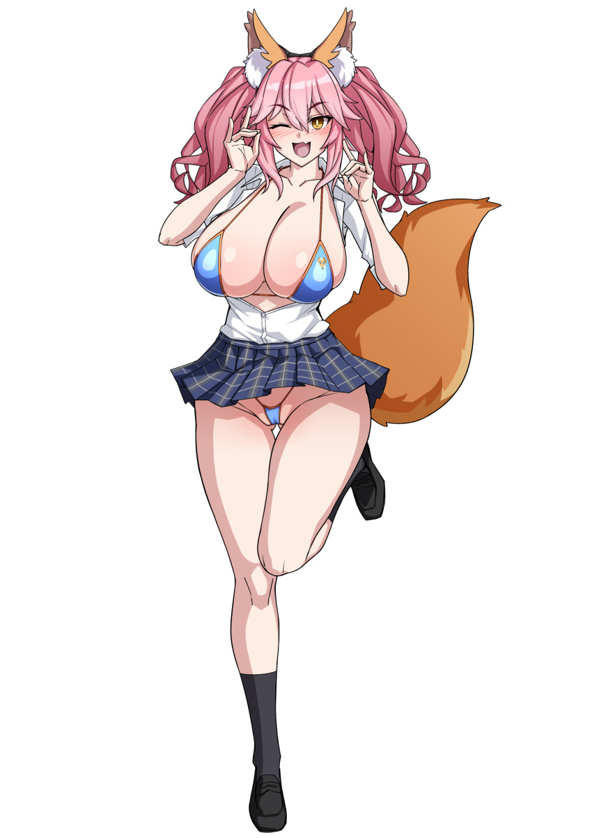 1girl animal_ear_fluff animal_ears bangs bikini bikini_under_clothes black_footwear black_socks blue_bikini blue_skirt breasts cleavage collarbone collared_shirt fate/extra fate_(series) fox_ears fox_girl fox_shadow_puppet fox_tail full_body hair_between_eyes highres kneehighs large_breasts loafers long_hair looking_at_viewer miniskirt muta_poo one_eye_closed open_clothes open_mouth open_shirt pink_hair shirt shoes short_sleeves sidelocks skirt smile socks solo swimsuit tail tamamo_(fate) tamamo_no_mae_(fate/extra) twintails white_shirt yellow_eyes