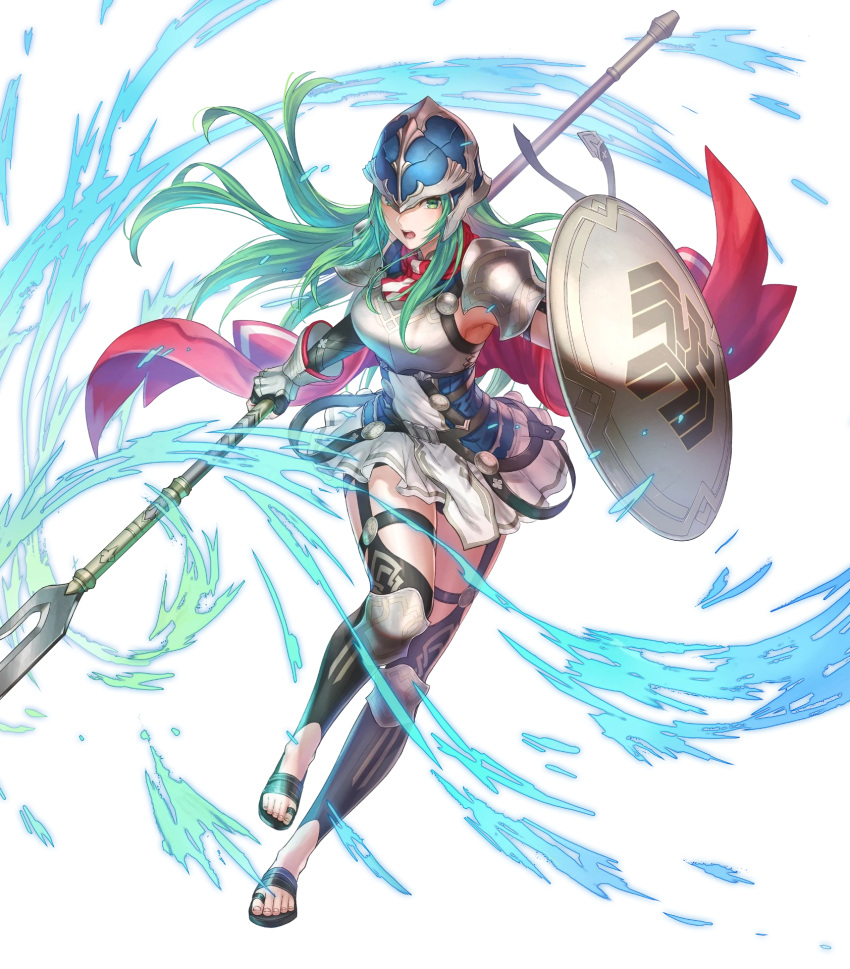 1girl anbe_yoshirou armor breastplate breasts cape capelet elbow_gloves fingerless_gloves fire_emblem fire_emblem:_path_of_radiance fire_emblem:_radiant_dawn fire_emblem_heroes gloves green_eyes helmet highres holding holding_weapon knee_pads leg_up long_hair medium_breasts nephenee_(fire_emblem) non-web_source official_art open_mouth pelvic_curtain polearm shield shoulder_armor skirt solo spear thigh_strap thighhighs toeless_footwear toenails toes transparent_background weapon zettai_ryouiki
