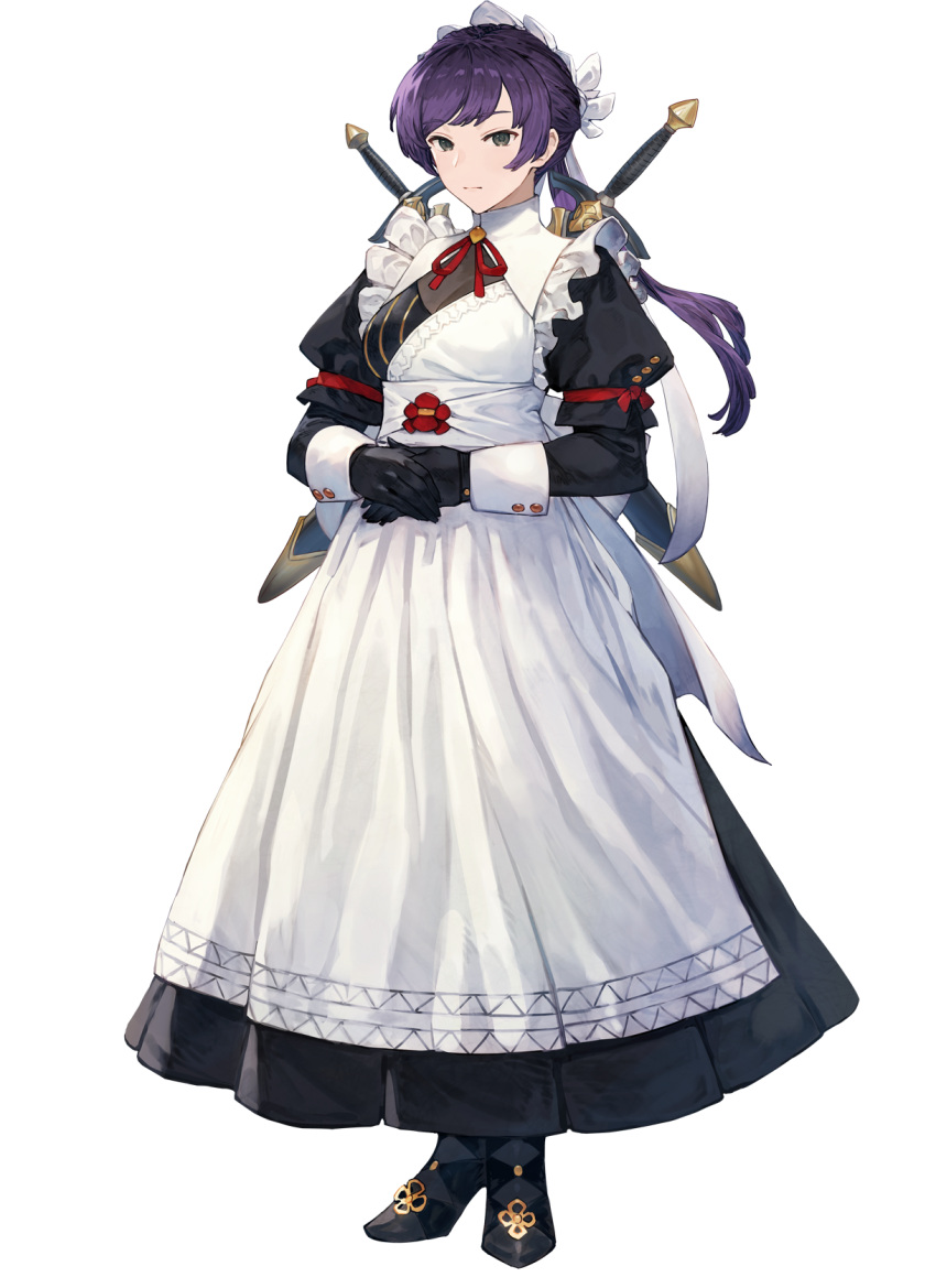 1girl apron benitama black_dress black_footwear black_gloves cleavage_cutout closed_mouth clothing_cutout collar dress expressionless frederica_(game) frilled_apron frills full_body gloves grey_eyes highres long_hair long_sleeves looking_at_viewer low_ponytail maid maid_headdress neck_ribbon official_art own_hands_together puffy_short_sleeves puffy_sleeves purple_hair red_ribbon ribbon rogue_(frederica) second-party_source shoes short_sleeves solo standing sword tachi-e transparent_background weapon weapon_on_back white_apron white_collar
