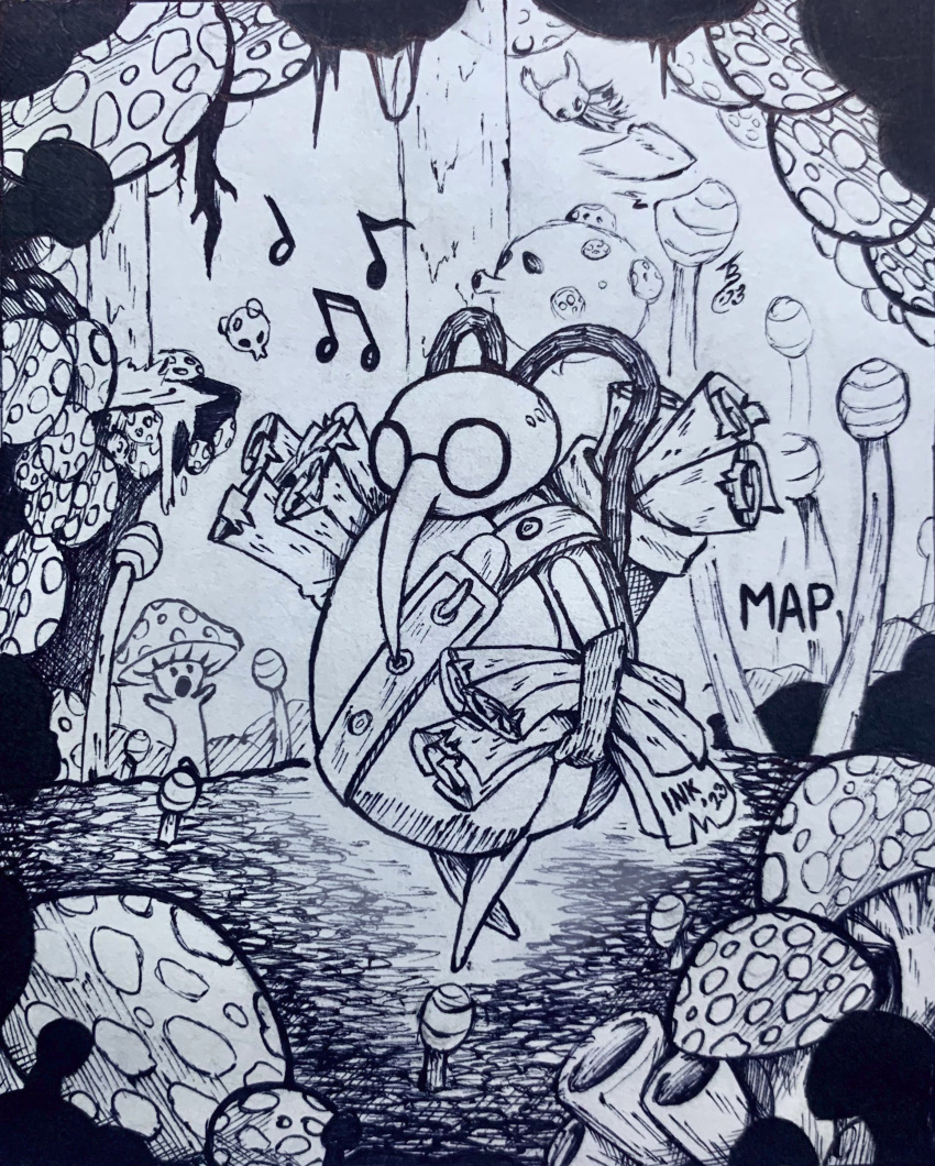 2023 absurd_res detailed_background eyewear fungus glasses hi_res holding_object hollow_knight inktober inktober_2023 monochrome mushroom musical_note paper scroll team_cherry theblueberrycarrots traditional_media_(artwork) walking