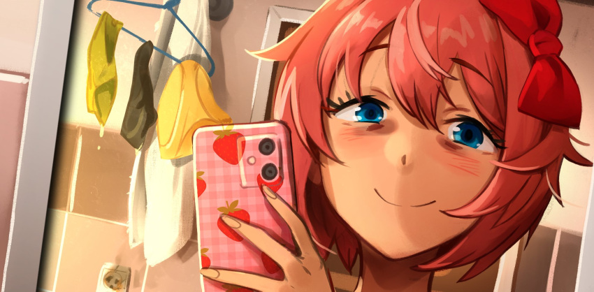 1girl bathroom blue_eyes bow cellphone close-up clothes_hanger cropped doki_doki_literature_club electrical_outlet english_commentary hair_between_eyes hair_bow highres holding holding_phone indoors khyle. looking_at_viewer panties phone pink_hair sayori_(doki_doki_literature_club) short_hair sidelocks smartphone smile smoke solo tile_wall tiles underwear unworn_panties yellow_panties