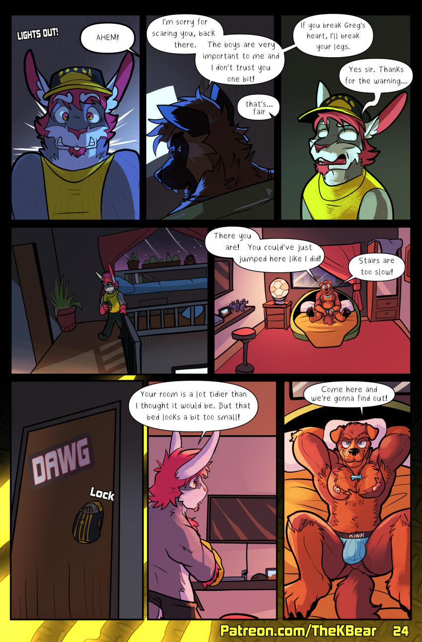 absurd_res anthro bedroom canid canine canis clothed clothing comic dialogue domestic_dog facial_hair german_shepherd goatee greg_shepherd gunther_caxias hair herding_dog hi_res jockstrap jockstrap_only johnny_bunny lagomorph leporid male male_anthro mammal mastiff mixed_breed molosser pastoral_dog presenting rabbit red_hair rottweiler size_difference thekinkybear topless underwear underwear_only undressing