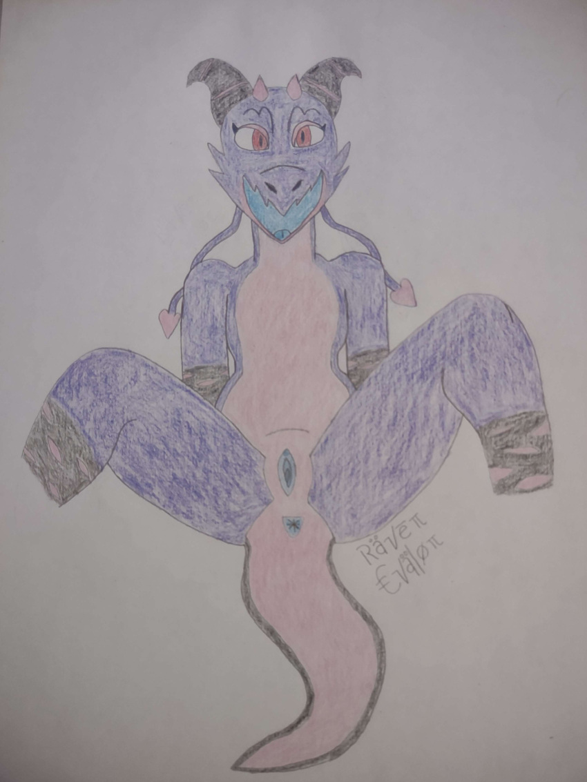 absurd_res anthro anus black_body black_horn black_scales blue_internal butt female genitals hi_res hole_(anatomy) horn kobold long_tail looking_at_viewer lying on_back pink_body pink_scales presenting presenting_hindquarters presenting_pussy purple_body purple_scales pussy raven_evalon raven_evalon_(kobold_forme) red_eyes scales smile solo solo_focus tail