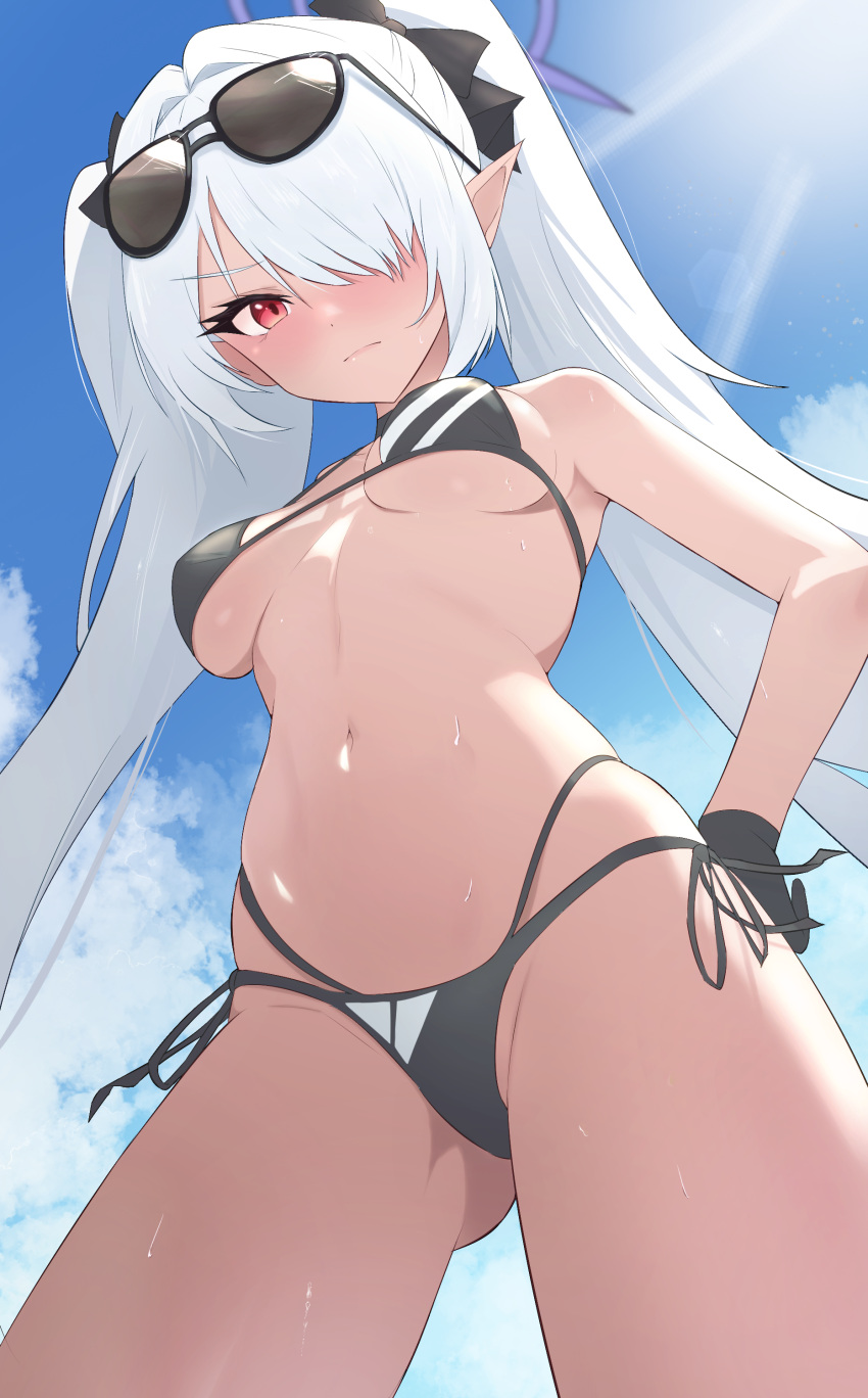1girl absurdres bikini black_bikini black_gloves blue_archive blue_sky breasts closed_mouth cloud day eyewear_on_head gloves hair_over_one_eye halo highres iori_(blue_archive) iori_(swimsuit)_(blue_archive) long_hair looking_at_viewer medium_breasts navel official_alternate_costume pointy_ears purple_halo red_eyes ryokuchabushi side-tie_bikini_bottom sky solo standing sunglasses sunlight sweat swimsuit thighs twintails white_hair