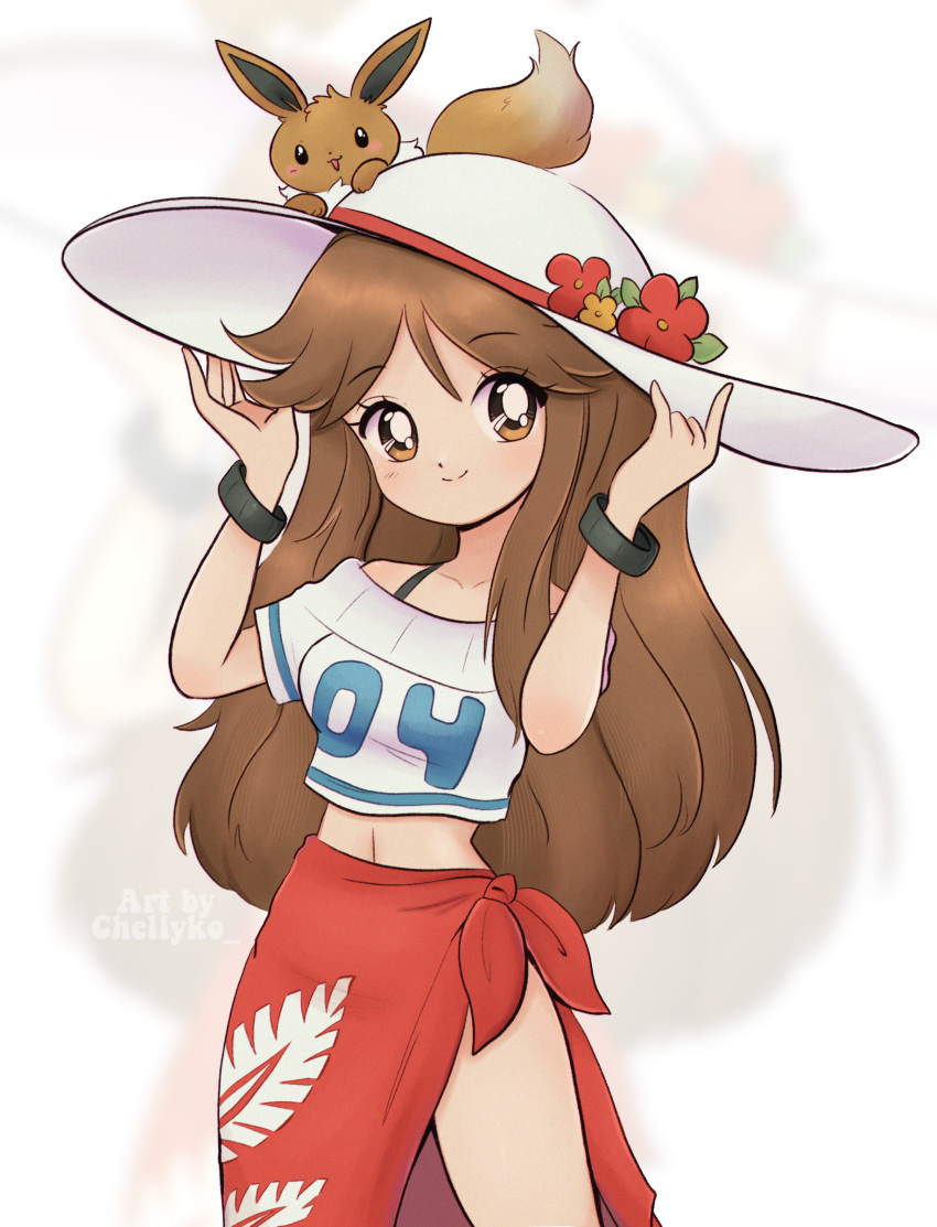 1990s_(style) absurdres adjusting_clothes adjusting_headwear animal_on_head artist_name black_wristband breasts brown_eyes brown_hair chelly_(chellyko) closed_mouth collarbone dot_nose eevee hair_between_eyes hair_flaps hat highres large_hat leaf_(pokemon) light_blush long_bangs long_hair long_skirt looking_at_viewer medium_breasts number_print off_shoulder on_head parted_bangs pokemon pokemon_(creature) pokemon_(game) pokemon_sm red_skirt retro_artstyle shirt short_sleeves sidelocks skirt smile sun_hat thighs very_long_hair white_background white_headwear white_shirt wristband