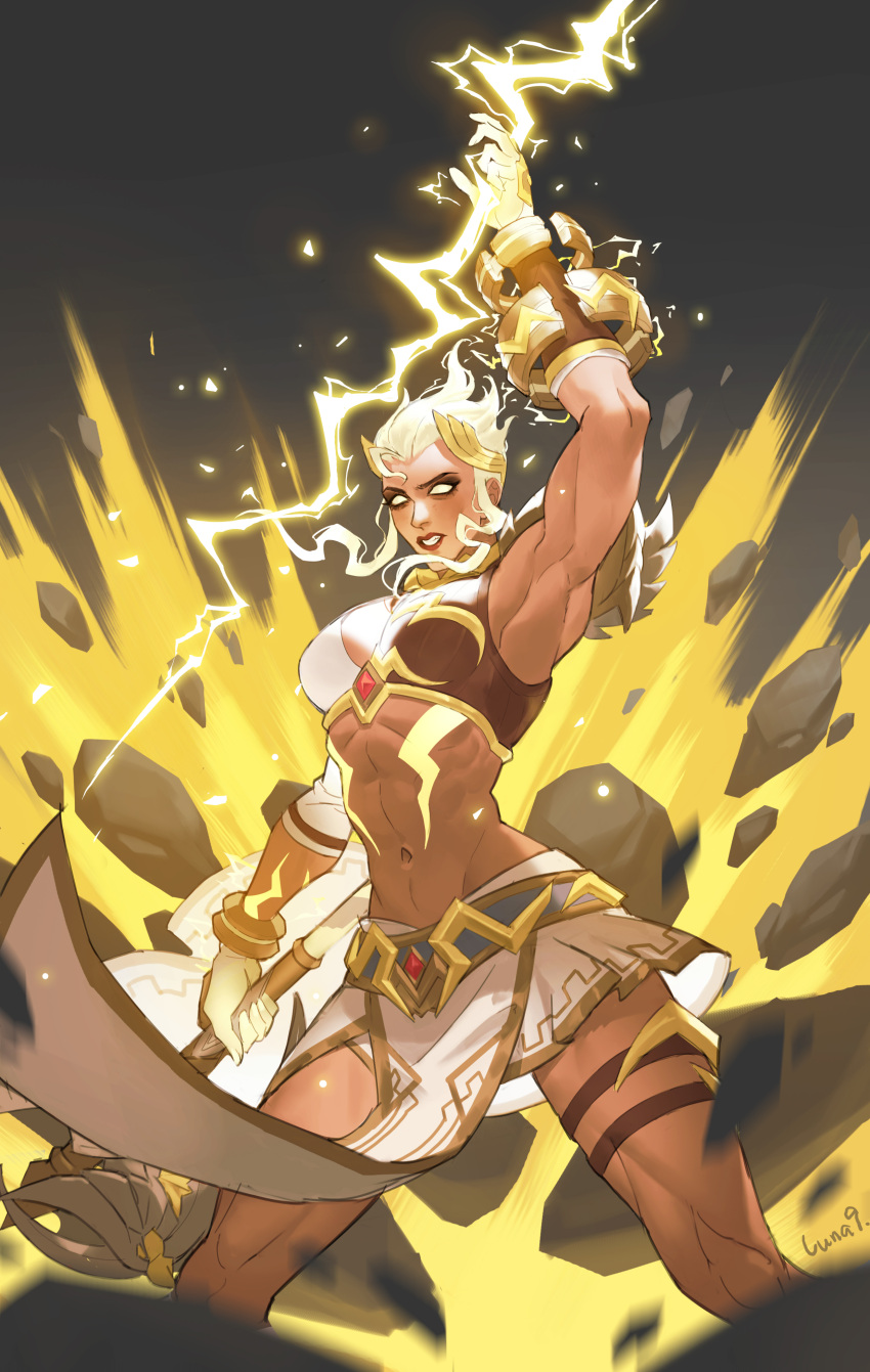 1girl abs absurdres artist_name axe explosion gauntlets glowing glowing_hair glowing_hands headpiece highres junker_queen_(overwatch) legband lightning luna-9 navel official_alternate_costume overwatch overwatch_2 skirt wristband