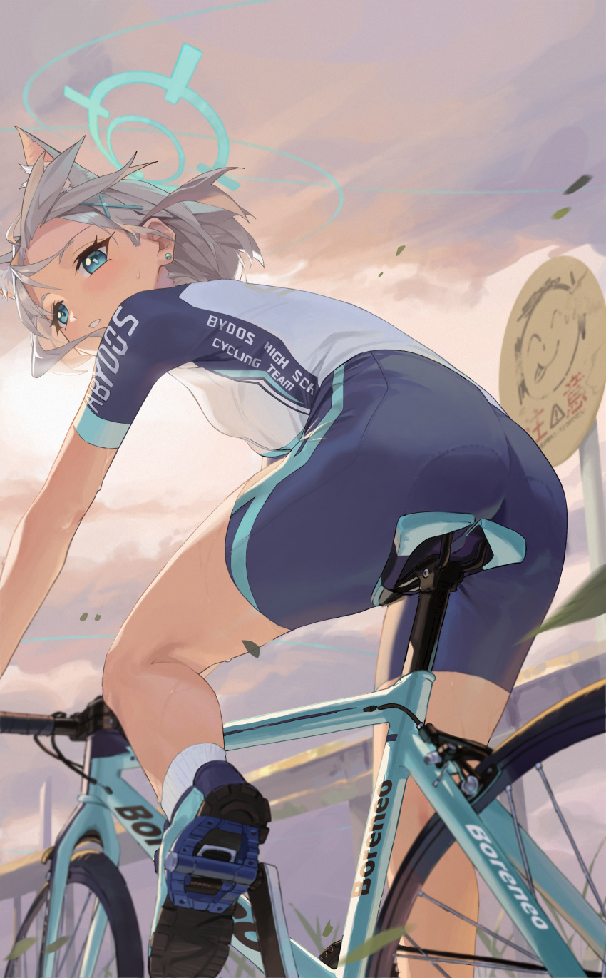 1girl absurdres animal_ear_fluff animal_ears ass bicycle bike_jersey bike_shorts blue_archive blue_eyes blush cloud cloudy_sky cross_hair_ornament cycling_uniform day earrings extra_ears from_below grey_hair hair_ornament halo highres jewelry li-mi looking_at_viewer looking_down medium_hair mismatched_pupils official_alternate_costume outdoors parted_lips riding riding_bicycle road_bicycle shiroko_(blue_archive) shiroko_(cycling)_(blue_archive) shoes short_sleeves sky sneakers socks solo sweat white_socks wolf_ears