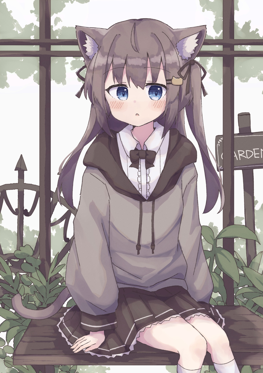 1girl :c absurdres animal_ear_fluff animal_ears arms_at_sides bench black_bow black_bowtie black_skirt blue_eyes blush bow bowtie brown_hair cat_ears cat_girl cat_tail center_frills collared_shirt colon_br drawstring feet_out_of_frame fence frilled_shirt frilled_skirt frills grey_hoodie hair_between_eyes highres hood hood_down hoodie kneehighs looking_at_viewer open_mouth original pleated_skirt raised_eyebrows shirt sidelocks signpost sitting skirt socks solo tail two_side_up white_shirt white_socks