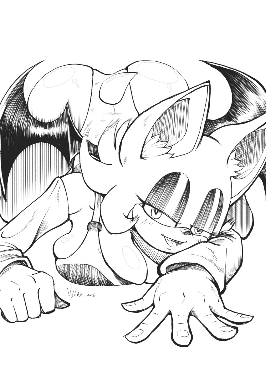 anthro armwear bat bent_over big_breasts big_butt breasts butt cleavage clothed clothing detached_sleeves eyeshadow fangs female hi_res leotard makeup mammal monochrome rouge_the_bat sega solo sonic_the_hedgehog_(series) teeth volan_art wings