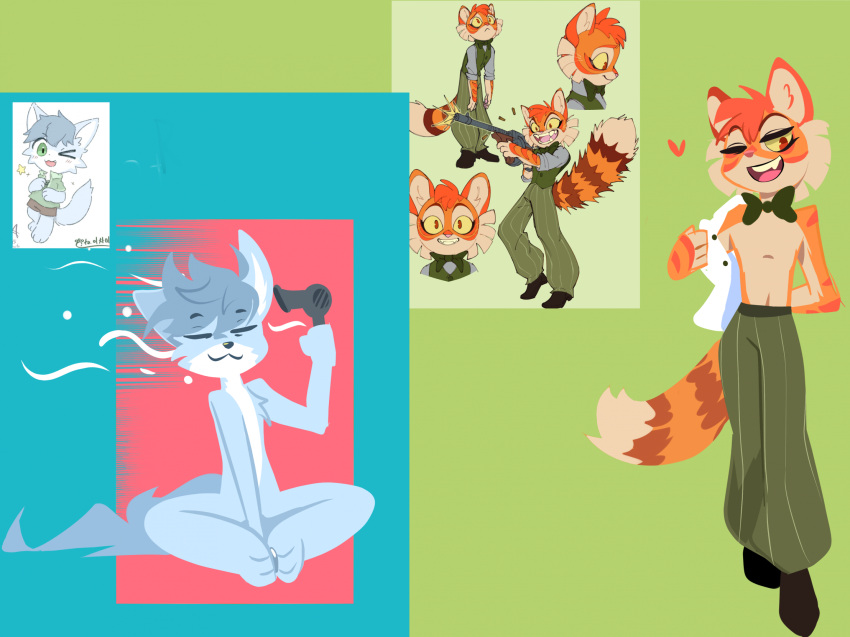 2023 anthro blowdrying blue_body blue_fur bottomwear clothed clothing digital_media_(artwork) dryer felid fur hair_dryer hi_res holding_object hydrabb male mammal one_eye_closed open_mouth open_smile orange_body orange_fur pants simple_background sitting smile tan_body tan_fur topless wink