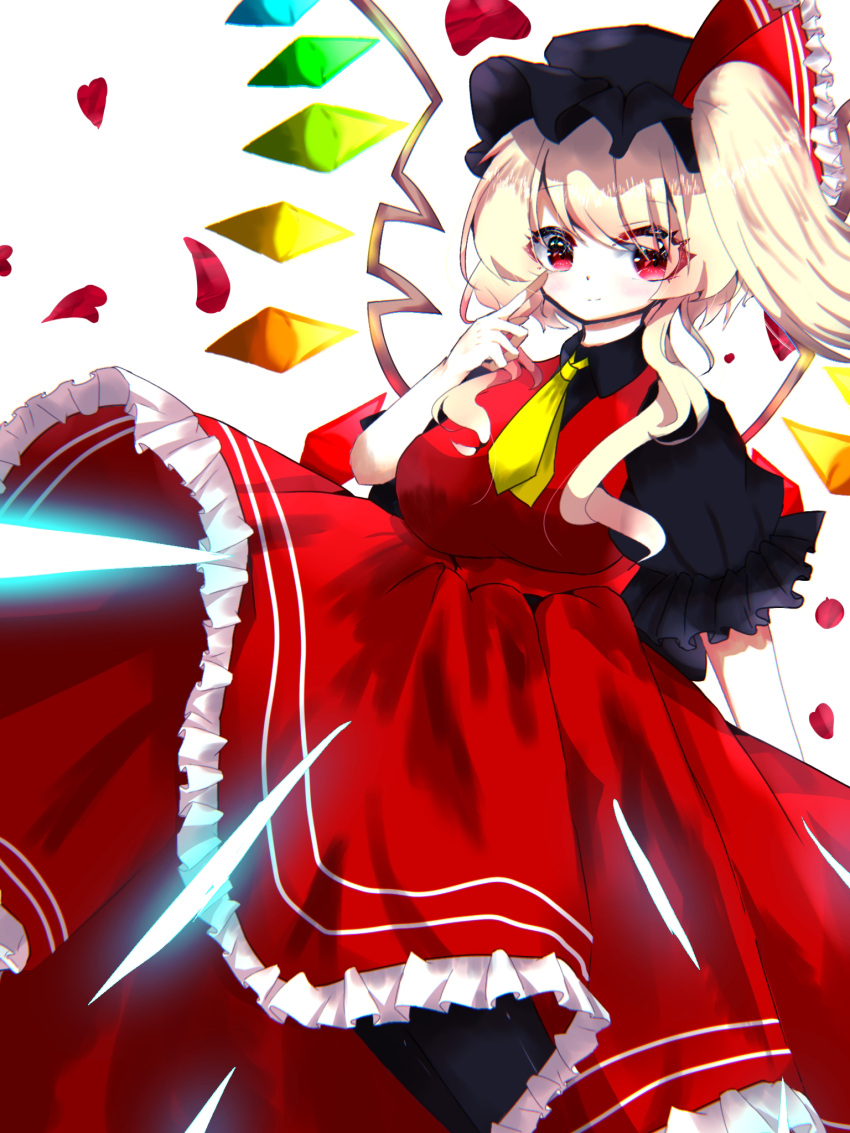 alternate_headwear black_headwear black_pantyhose black_shirt blonde_hair breasts closed_mouth danmaku feet_out_of_frame flandre_scarlet frilled_skirt frilled_sleeves frills highres light_smile long_hair long_skirt looking_at_viewer medium_breasts multicolored_wings necktie one_side_up pantyhose petals puffy_short_sleeves puffy_sleeves rainbow_order red_eyes red_skirt red_vest rose_petals shirt short_sleeves skirt touhou user_jwtz7387 vest white_background wings yellow_necktie